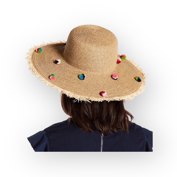 new ✶ Pom Pom Embellished ✶ Raffia Straw Wide Brim Sun Hat ✶ Resort Cruise Chic - Picture 15 of 16